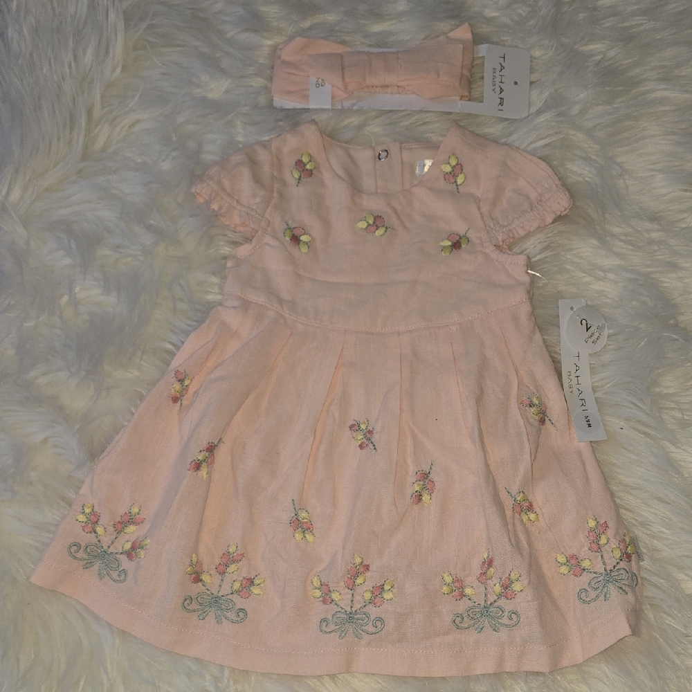 Tahari Pink Embroidered Floral Dress with Matching Headband